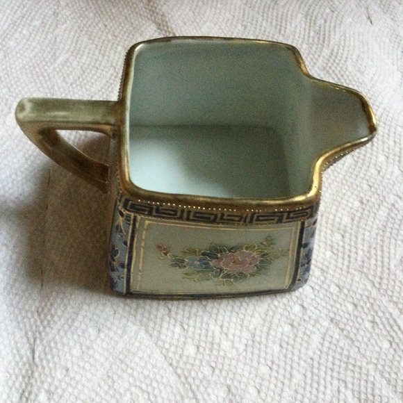 ANTIQUE HAND PAINTED SQUARE NIPPON CREAMER ROSES GOLD BLUE PINK SMALL - Picture 1 of 11